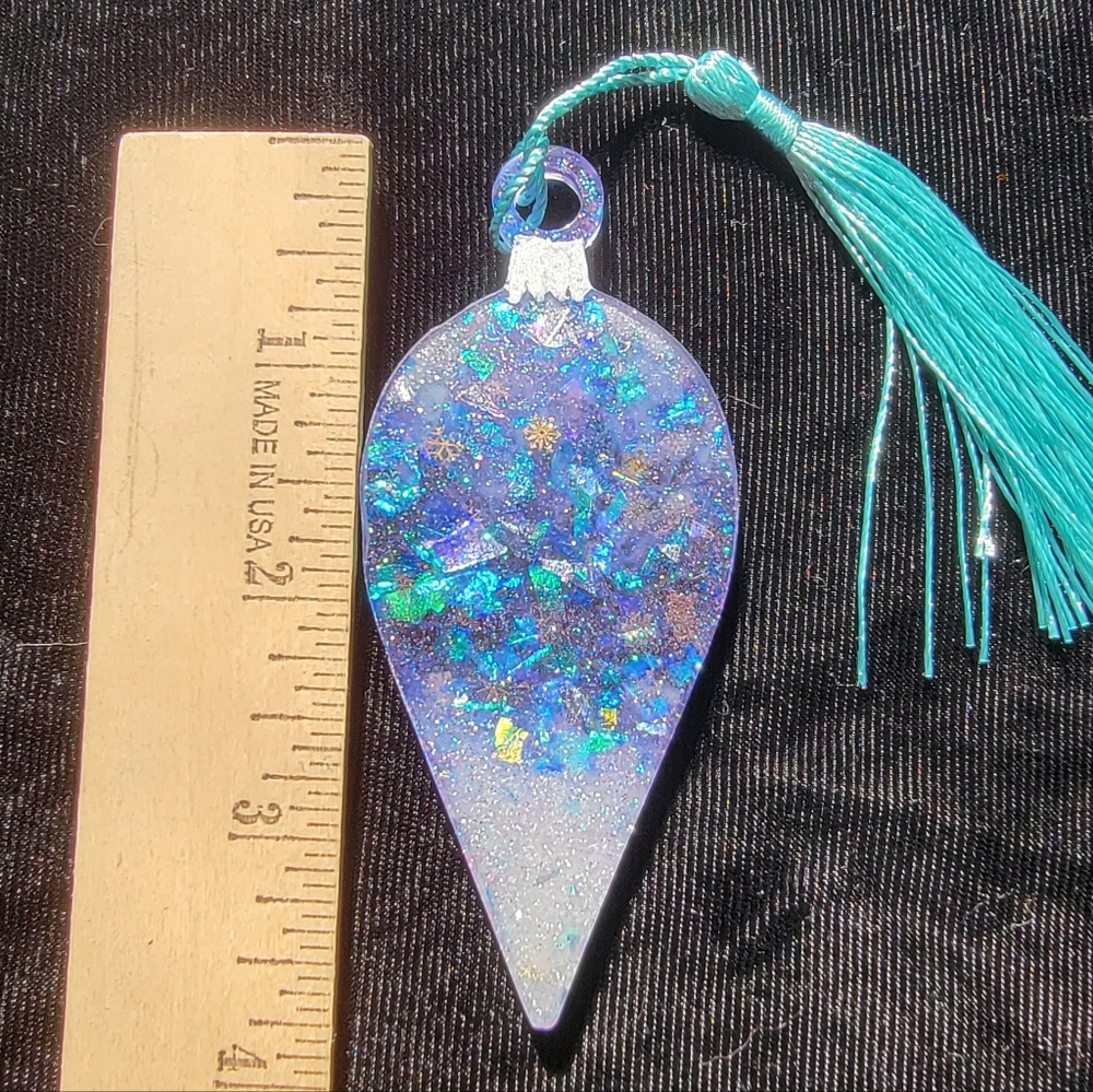 Handmade Frosty Blues and Winter White Teardrop Christmas Ornament with Tassel